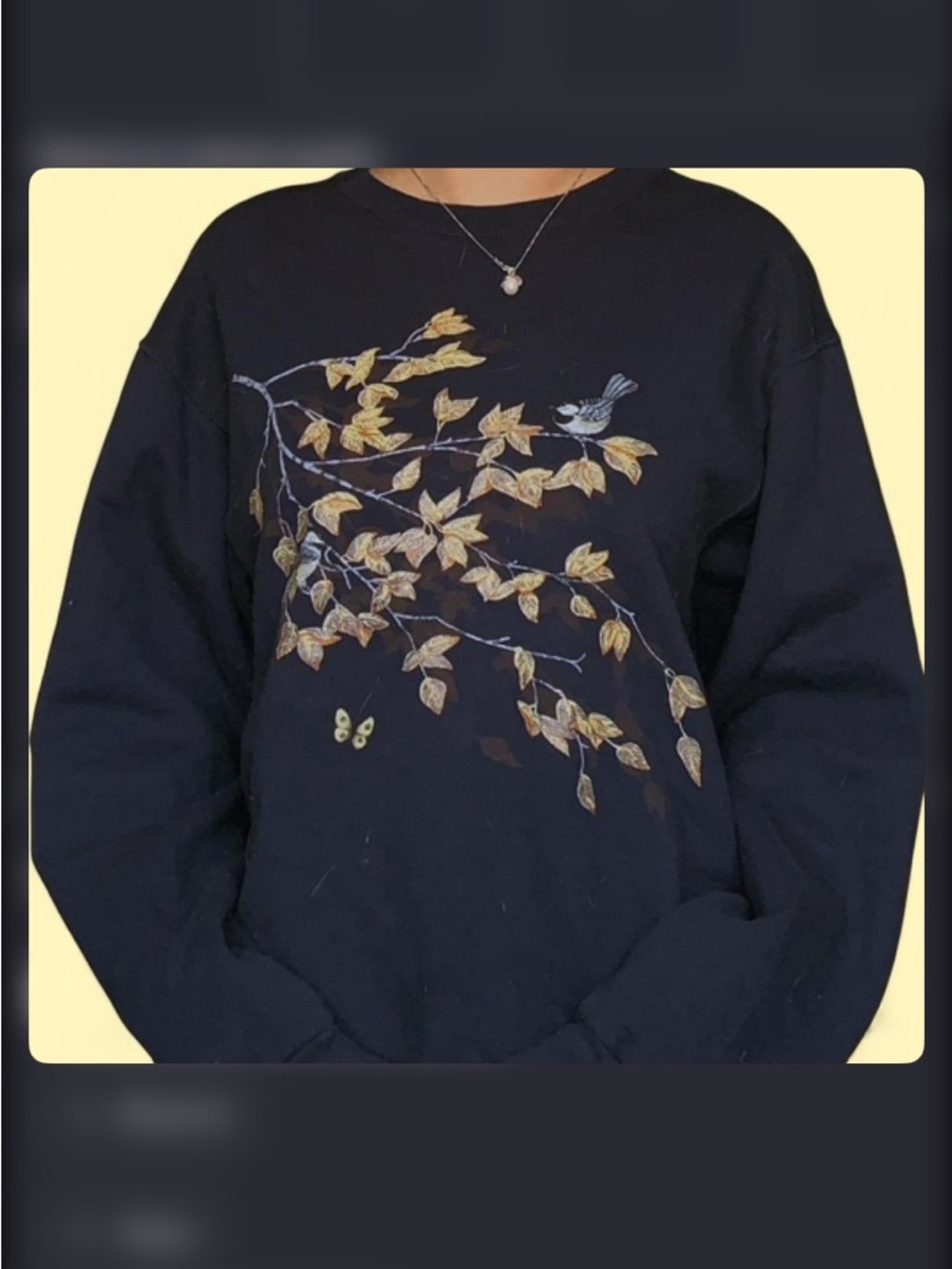 Jerzees Navy Crewneck with Chickadees in Autumn Size M